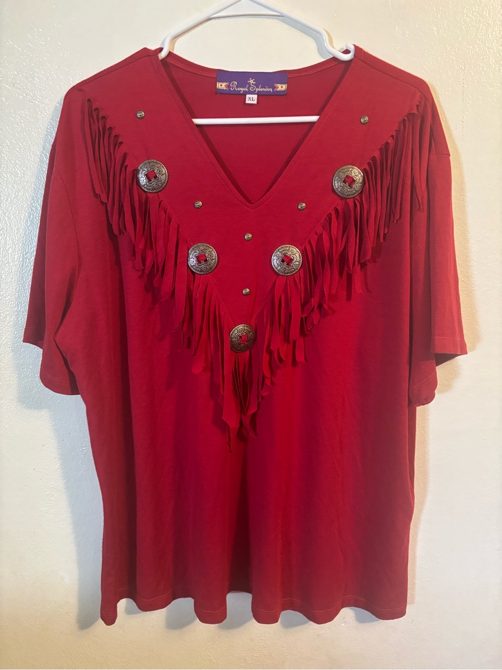 Red Fringe Short Sleeve V-Neck Tee with Concho Accents